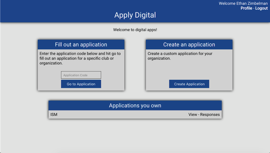 a simple landing page with options to create, continue, or start applications